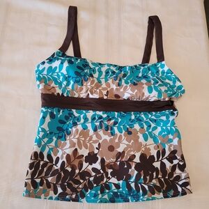 Beach Bay Women's Tankini Swim Top Sz 16 Blue Tan Brown White Floral EUC